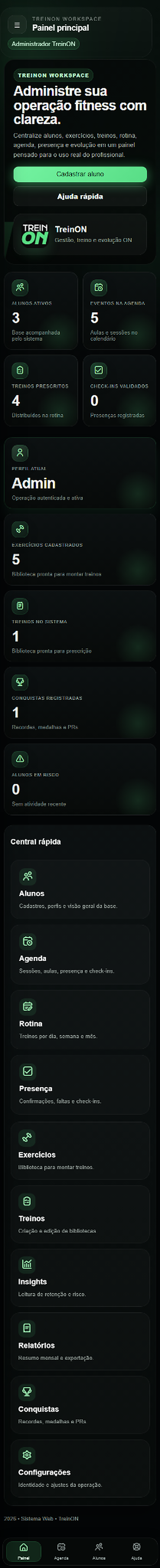 Painel principal mobile do TreinON